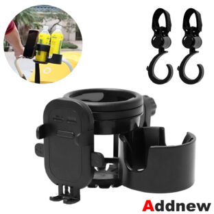 Addnew ベビーカー ドリンクホルダー スマホホルダー1個 ドリンク2本 フック2個付 360度調整
